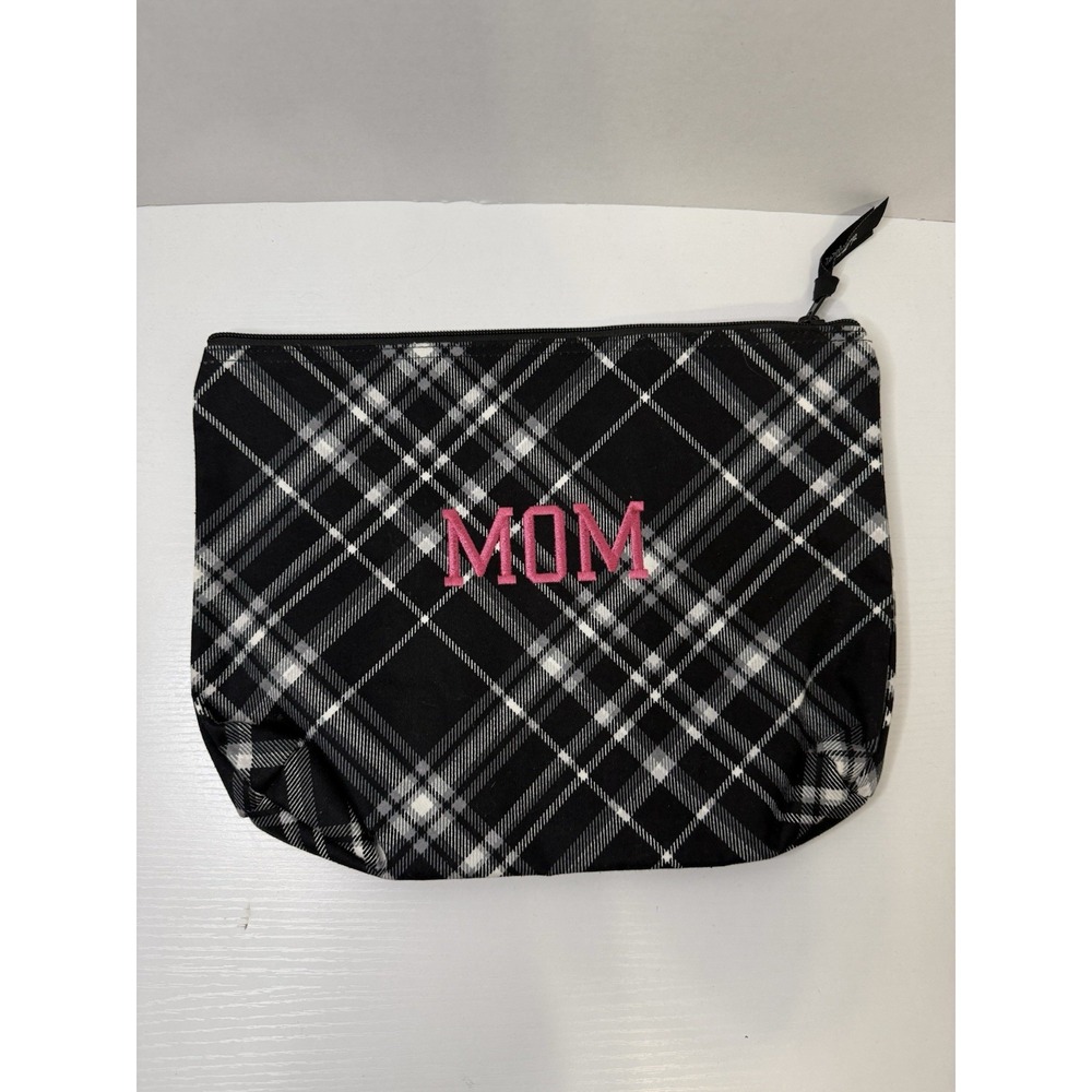 Thirty-One Makeup Cosmetics Bag Case Black White Zip Top with Mom Logo